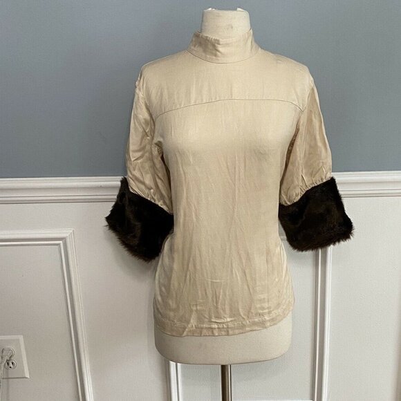 Zara Top Linen Blend Faux Fur Cuff High Neck Women's Size Small Old Money Mature - Picture 4 of 12